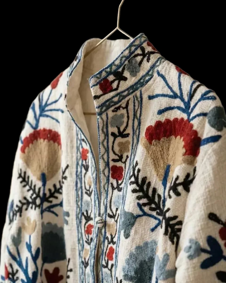 Kadın Ceket Nakış Detaylı Dokuma %100 Pamuklu